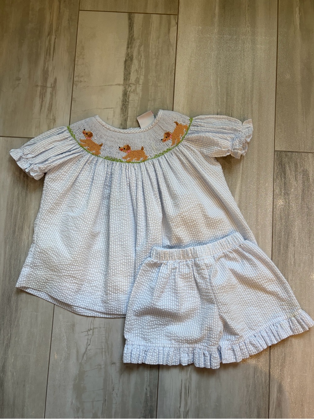 Stitchy Fish Classic Light Blue Seersucker Smocked Dog Shorts Set Girls 3T